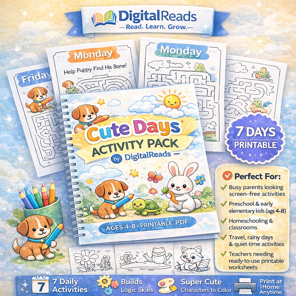 Cute Days™ Logic & Coloring Activity Pack for Kids 7 Fun Pages of Mazes, Coloring & Brain Games (Printable PDF)