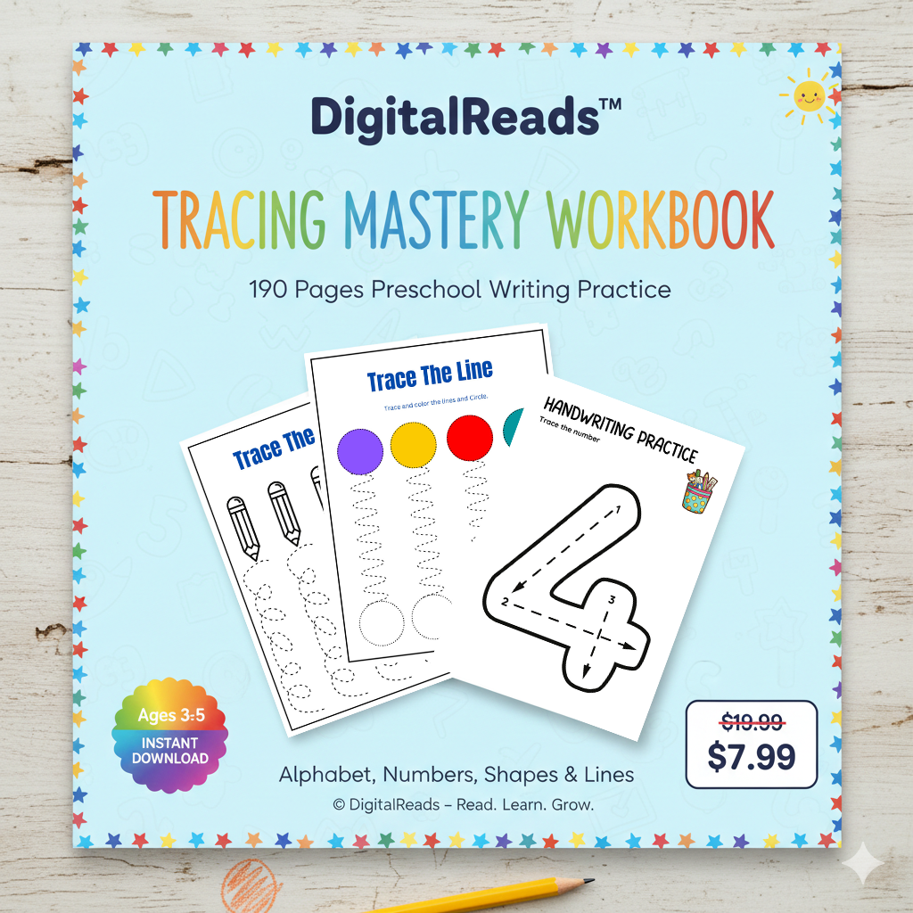 DigitalReads™ Tracing Mastery Workbook – 190 Pages Preschool Writing Practice for Ages 3–5 (Alphabet, Numbers, Shapes & Lines)