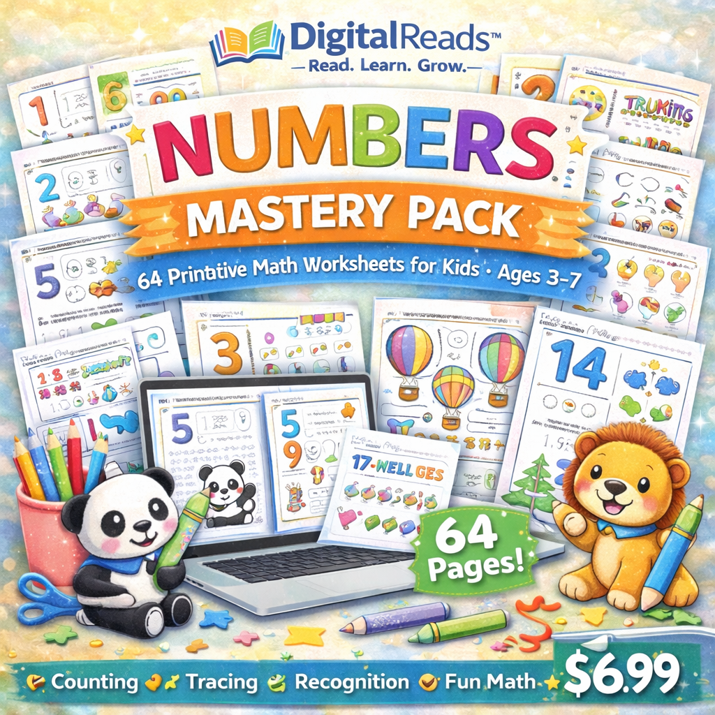 DigitalReads™ Numbers Mastery Pack – 64 Printable Math Worksheets for Kids (Ages 3–7)