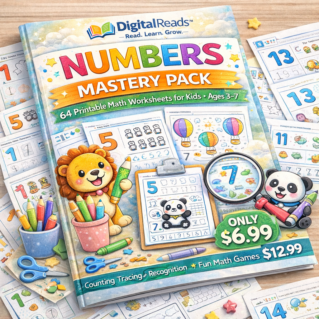 DigitalReads™ Numbers Mastery Pack – 64 Printable Math Worksheets for Kids (Ages 3–7)