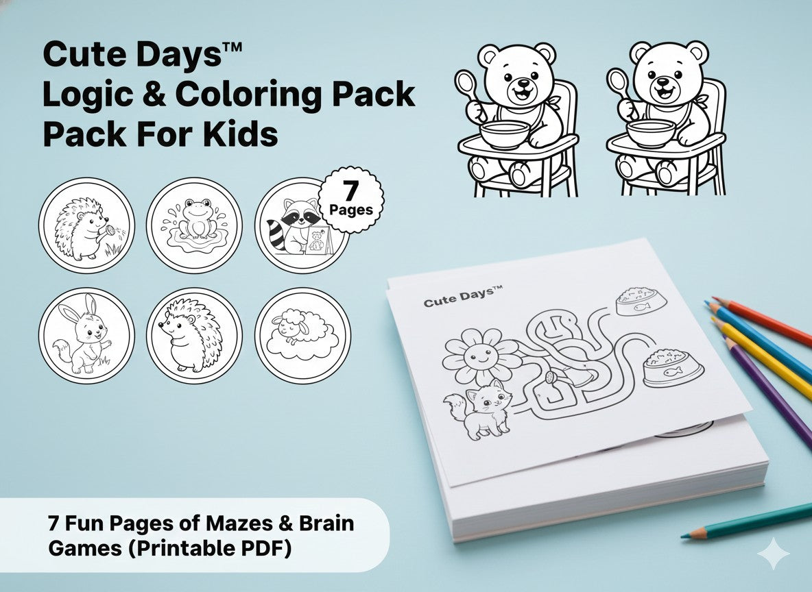 Cute Days™ Logic & Coloring Activity Pack for Kids 7 Fun Pages of Mazes, Coloring & Brain Games (Printable PDF)
