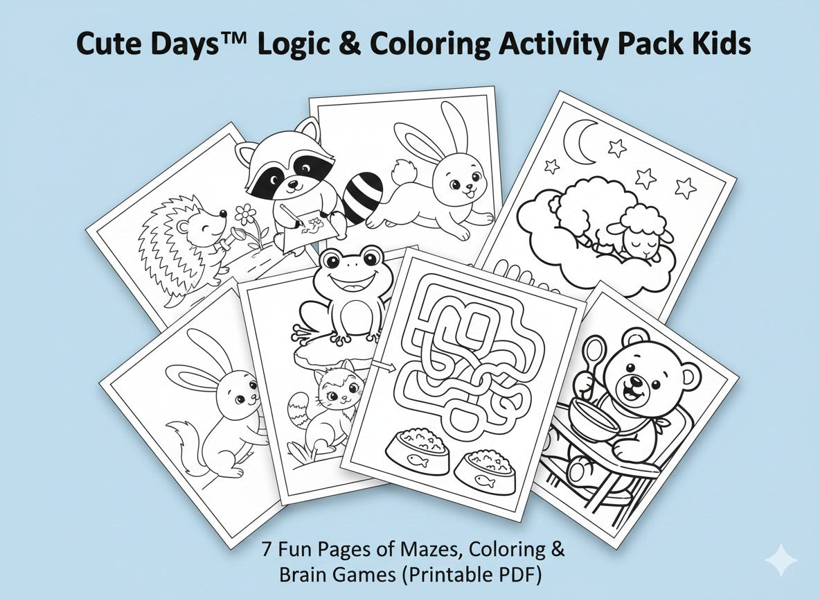 Cute Days™ Logic & Coloring Activity Pack for Kids 7 Fun Pages of Mazes, Coloring & Brain Games (Printable PDF)