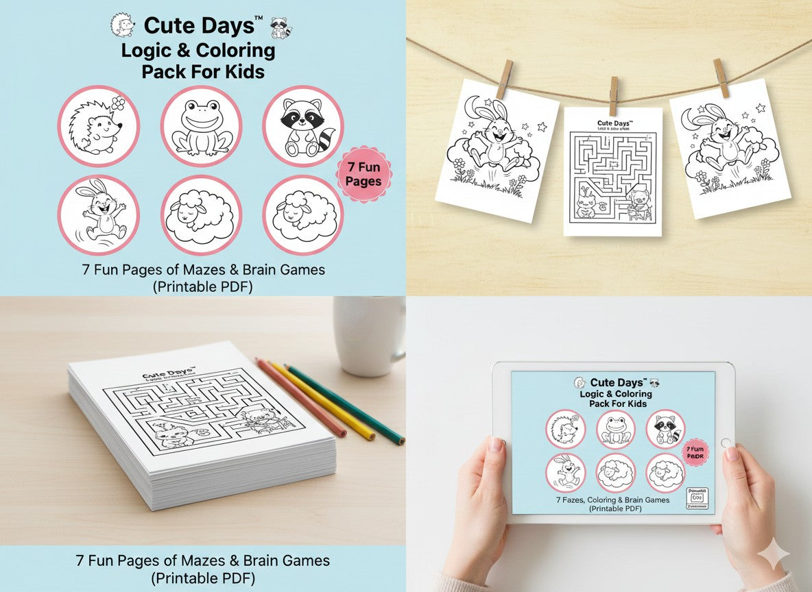 Cute Days™ Logic & Coloring Activity Pack for Kids 7 Fun Pages of Mazes, Coloring & Brain Games (Printable PDF)