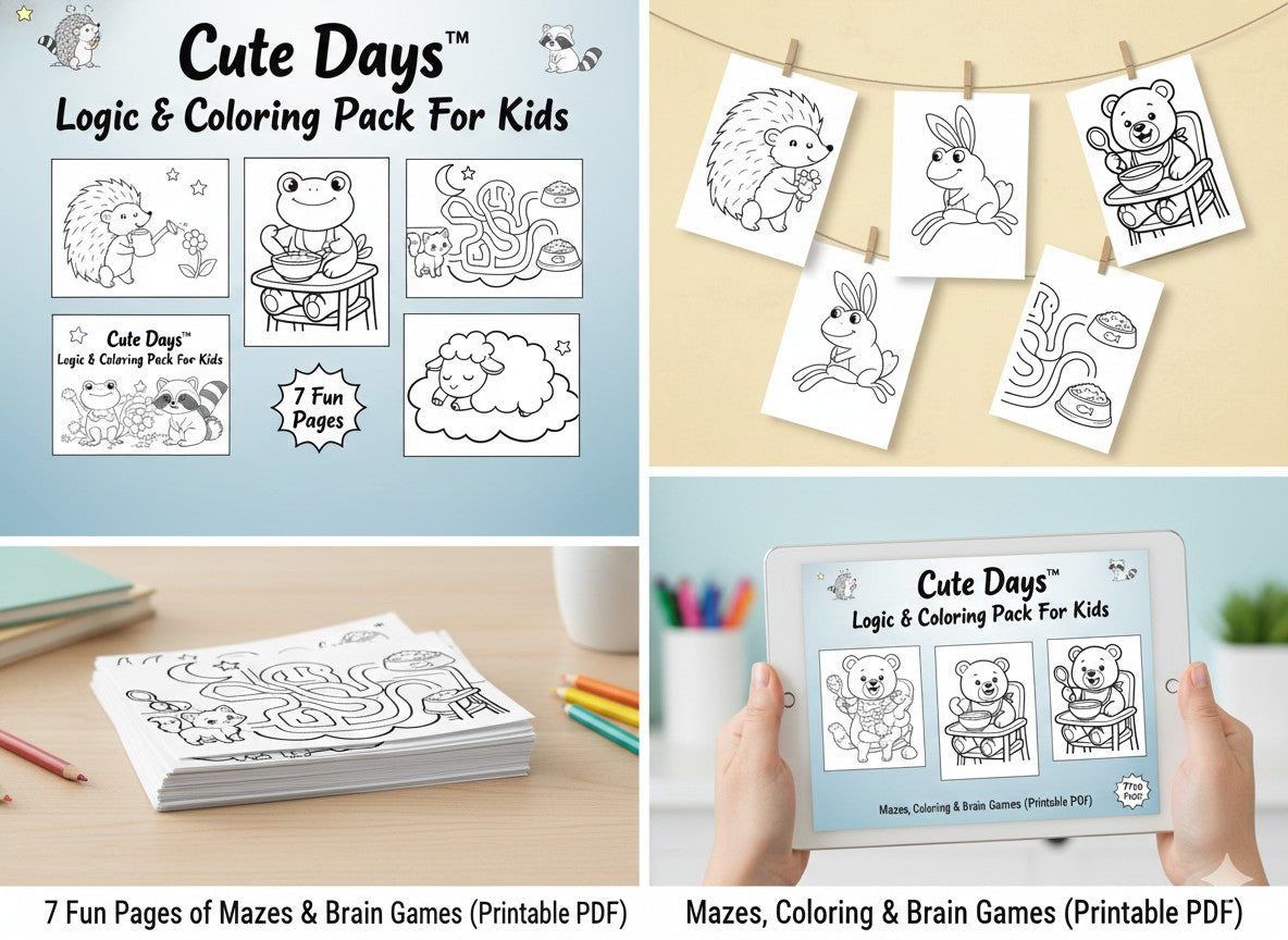 Cute Days™ Logic & Coloring Activity Pack for Kids 7 Fun Pages of Mazes, Coloring & Brain Games (Printable PDF)
